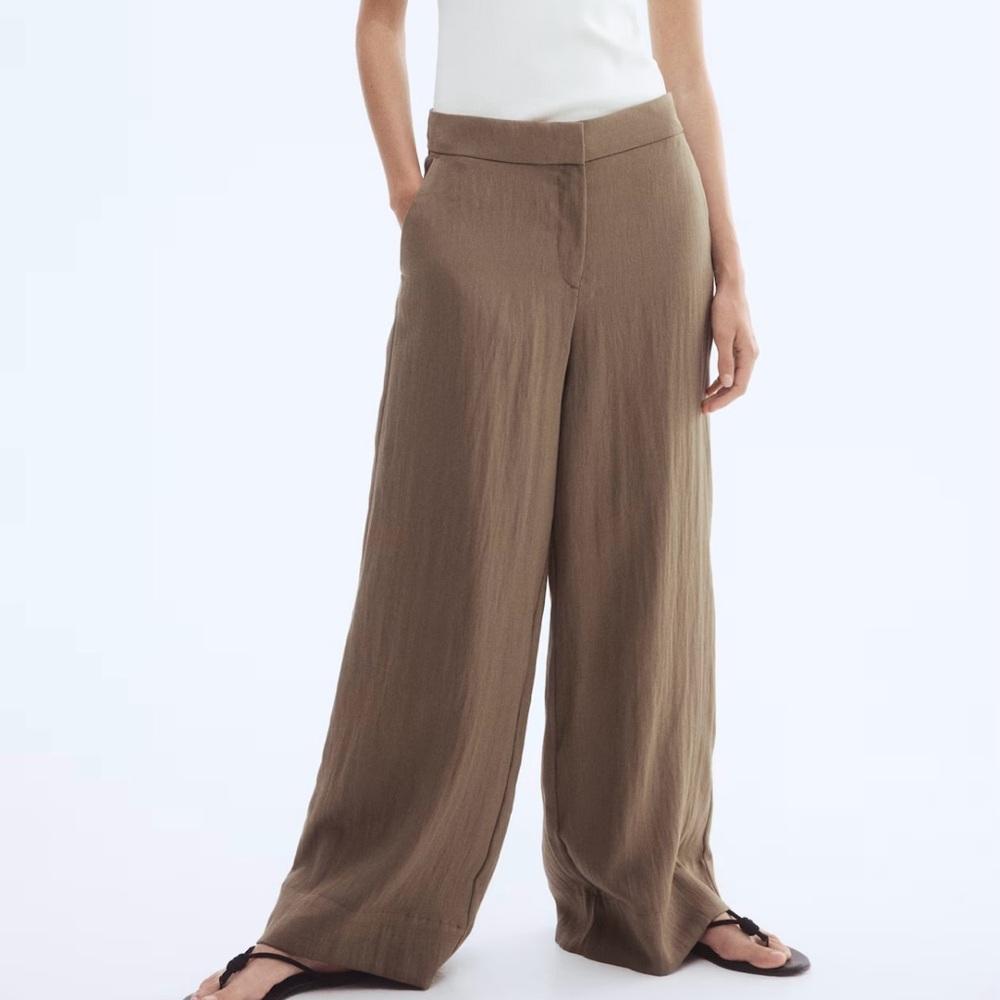 H&M - WIDE LEG TWILL PANTS - Dark khaki green